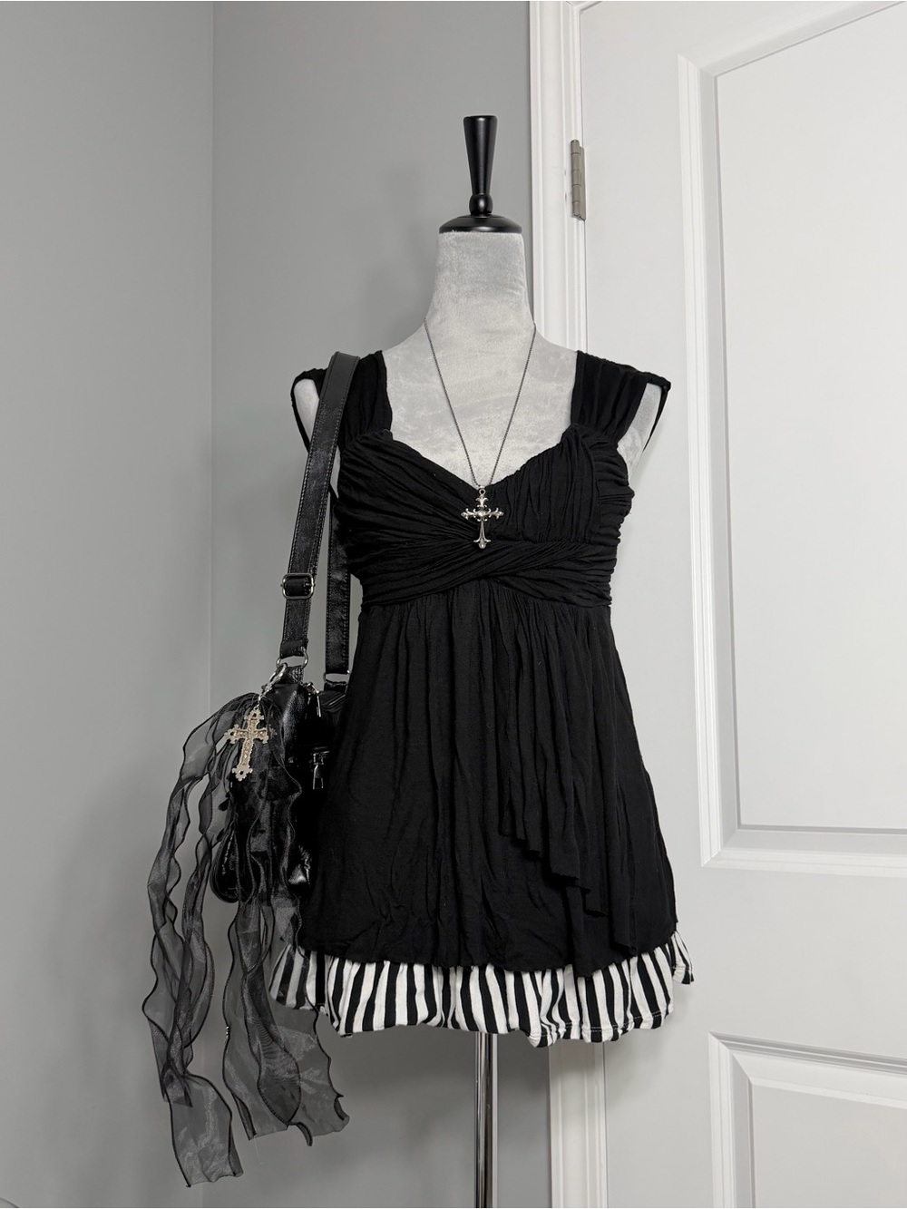 Y2K Black Tied and Layered Front Ruched Babydoll Tank Top
